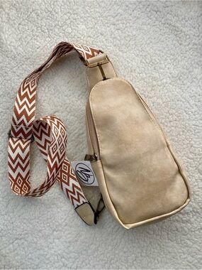 NWT Vegan Leather Sling “Guitar Bag” with Patterned Strap